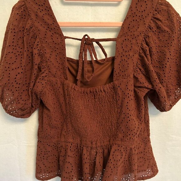 NWT Band of the Free Smocked Peplum Crop Cotton Eyelet Lace Top Size Small Brown - Picture 5 of 11